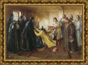 Царь Иван Грозный просит игумена Корнилия постричь его в монахи.